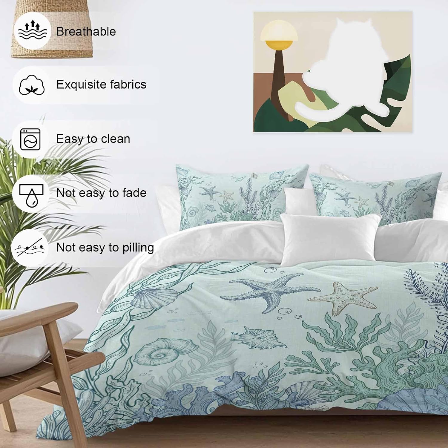 Marine Life Duvet Cover Set Queen Size 4 Pieces Starfish Coral Blue Shell Ocean Summer Green Bedding Set with Zipper Closure, 1 Comforter Cover 92x106 Inches 1 Flat Sheet & 2 Pillow Cases