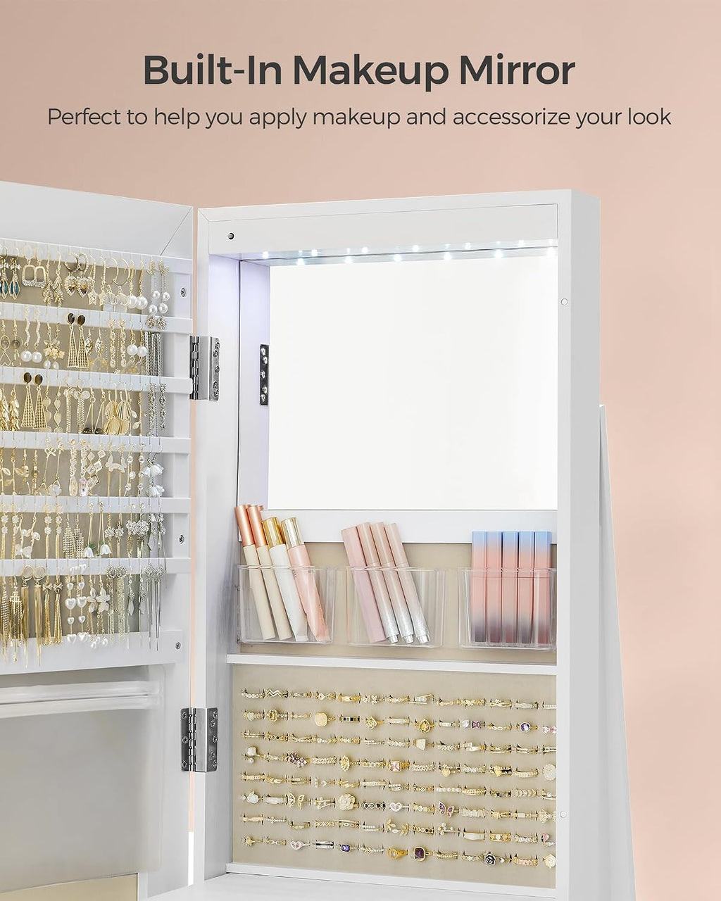 SONGMICS 6 LEDs Lockable Mirror Jewelry Cabinet, 360° Swivel Jewelry Organizer Armoire Standing, Frameless Full-Length Mirror, 3 Storage Shelves, White Surface, Greige Lining UJJC007W02V1