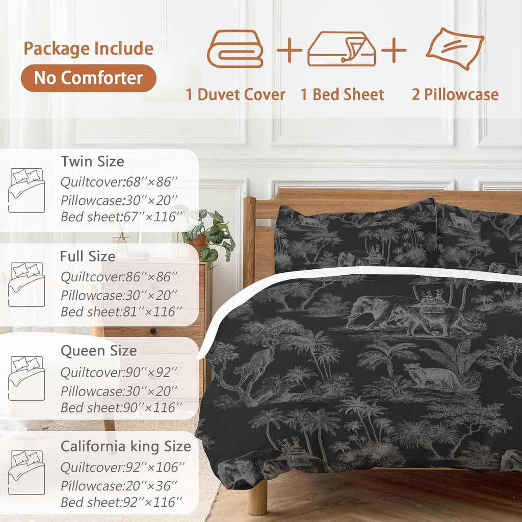 Prime Leader Forest Animal Duvet Cover Set Queen Size 4 Pieces Vintage Forest Elephant Leopard Black Bedding Set with Zipper Closure, 1 Comforter Cover 86x86 Inches 1 Flat Sheet & 2 Pillow Cases