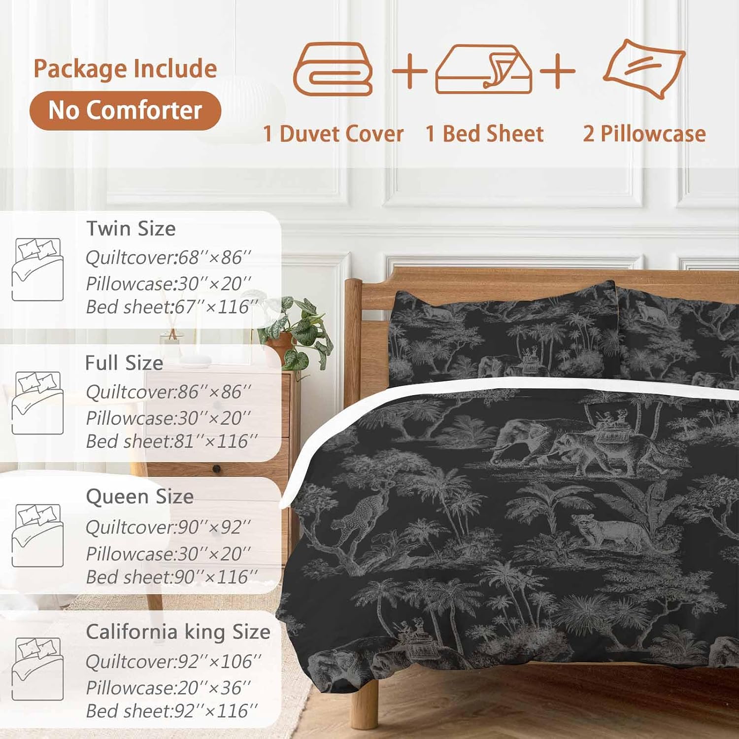 Prime Leader Forest Animal Duvet Cover Set Queen Size 4 Pieces Vintage Forest Elephant Leopard Black Bedding Set with Zipper Closure, 1 Comforter Cover 86x86 Inches 1 Flat Sheet & 2 Pillow Cases