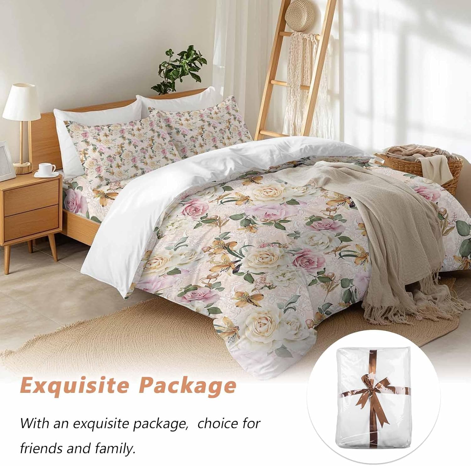 Prime Leader Floral Spring Duvet Cover Set Queen Size 4 Pieces Flower Retro Texture Bedding Set with Zipper Closure, 1 Comforter Cover 92x106 Inches 1 Flat Sheet & 2 Pillow Cases
