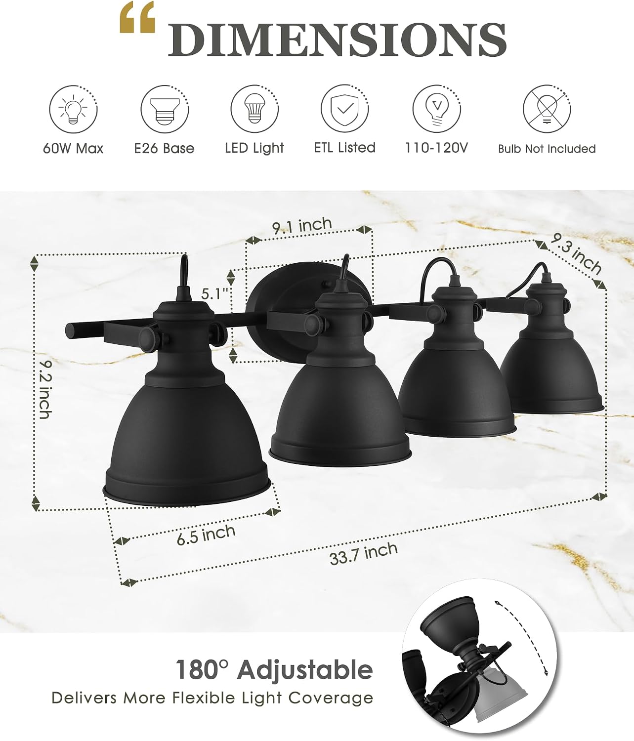 Bathroom Light Fixtures, 4-Light Industrial Vanity Lights with Black Metal Shade, Rustic Bathroom Lighting Fixtures Over Mirror, Wall Mounted, AD-2151-4W