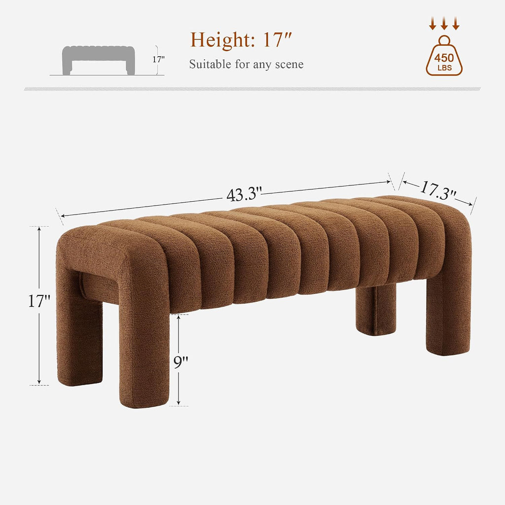 43'' Bedroom Bench, Upholstered End of Bed Bench with Solid Wood Legs, Modern Small Dining Bench with Full Covered Fabrics for Entryway, Bedroom, Living Room (Rust Brown, Boucle)