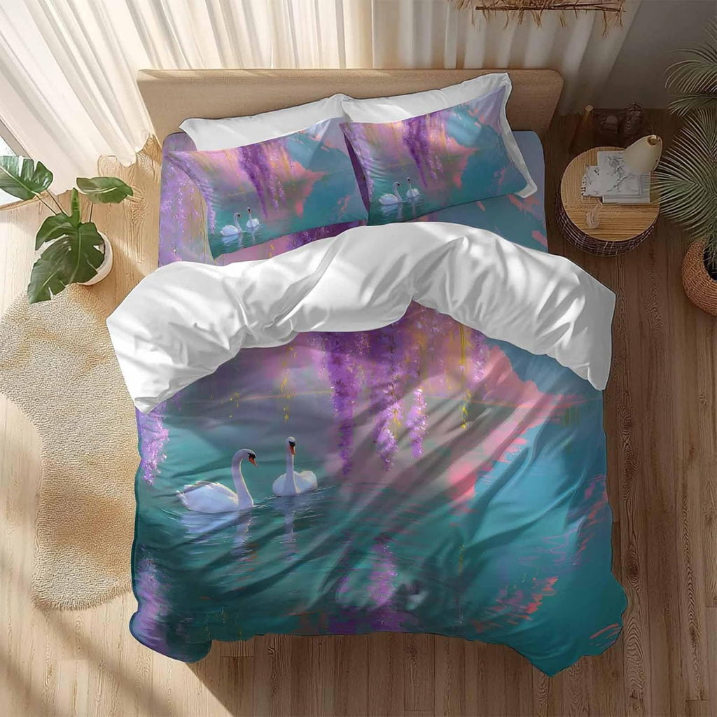 Swan Duvet Cover Set Queen Size 4 Pieces Oil Painting Spring Wisteria Gradient Pink Green Lake Bedding Set with Zipper Closure, 1 Comforter Cover 92x106 Inches 1 Flat Sheet & 2 Pillow Cases