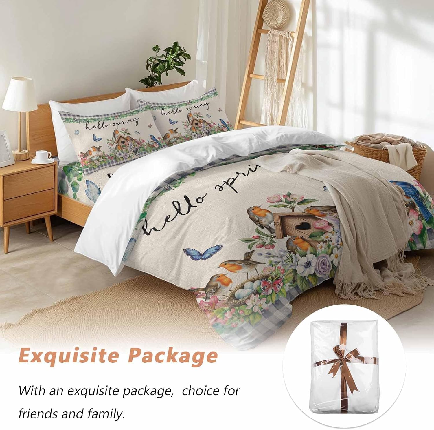 Hello Spring Duvet Cover Set Queen Size 4 Pieces Bird Pink White Flowers Butterflies Vintage Linen Texture Bedding Set with Zipper Closure,1 Comforter Cover 92x106 Inches 1 Flat Sheet & 2 Pillow Cases
