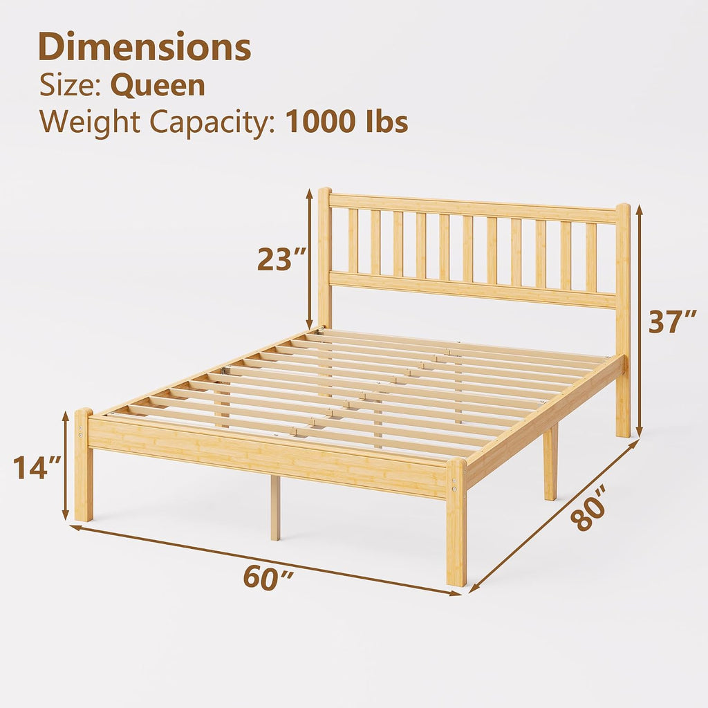 14 in High Solid Bamboo Wood Platform Queen Bed Frame with Headboard, Bed Frame Queen Size, Heavy Duty, No Box Spring Needed, Nosie Free