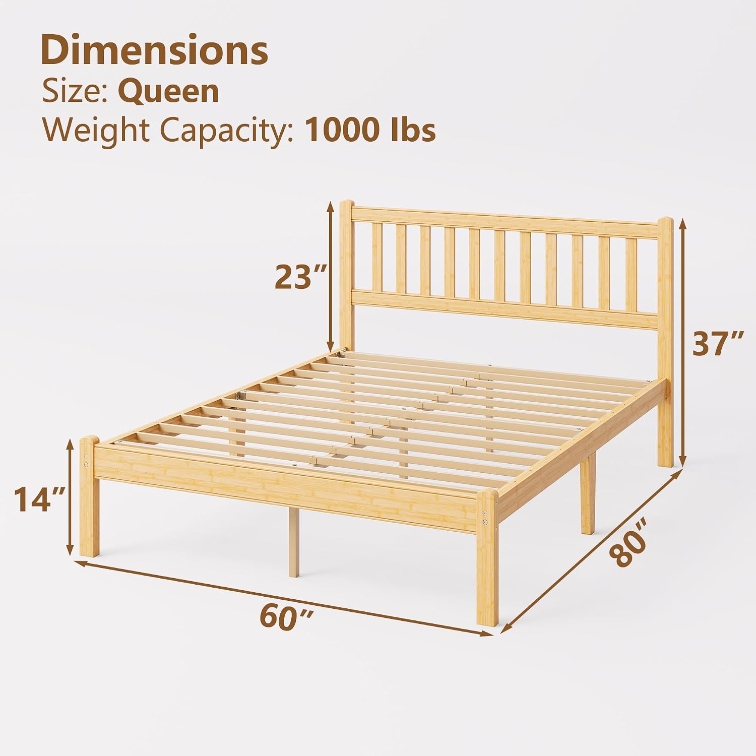 14 in High Solid Bamboo Wood Platform Queen Bed Frame with Headboard, Bed Frame Queen Size, Heavy Duty, No Box Spring Needed, Nosie Free