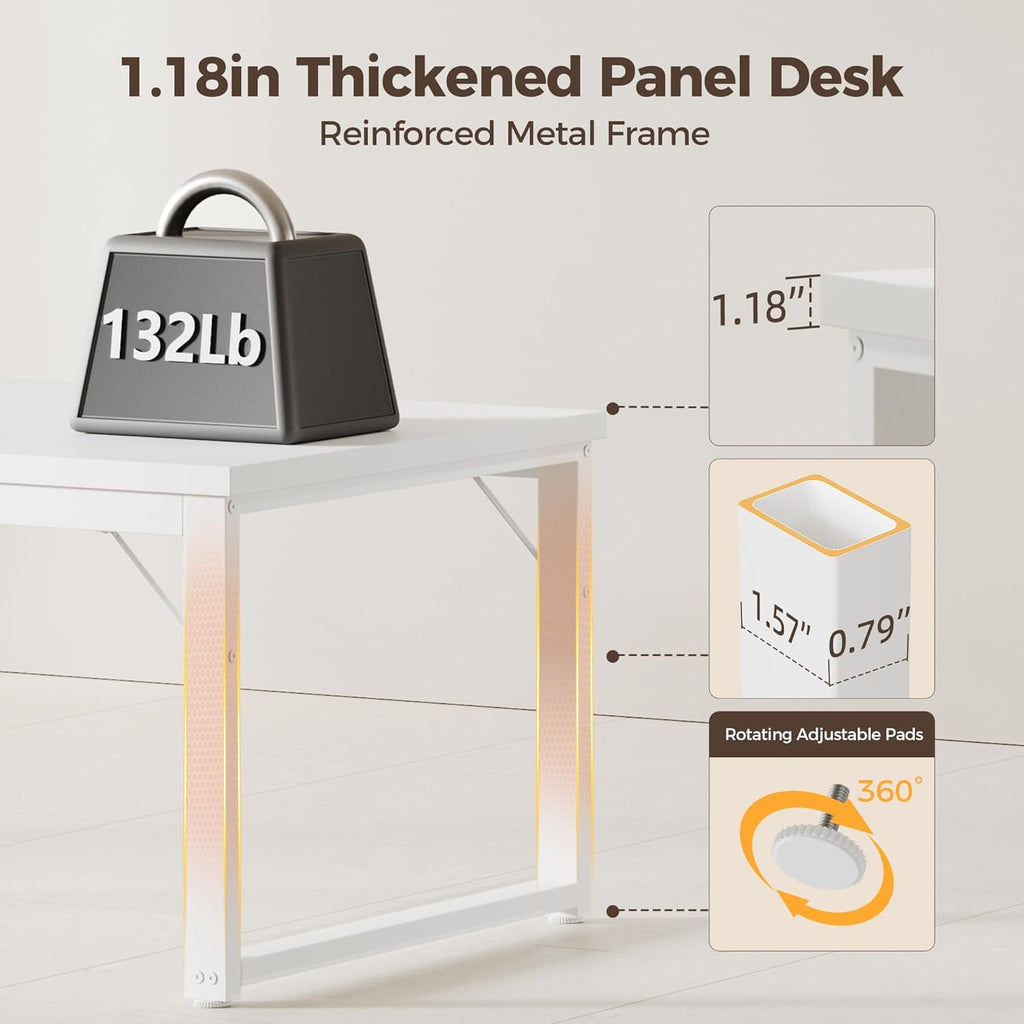 Mericonia 48 Inch Computer Desk with Power Outlets, 1.2' Thick Heavy Duty Industrial Office Desk, Modern Simple Study Writing Table for Home Bedroom Workstation, White