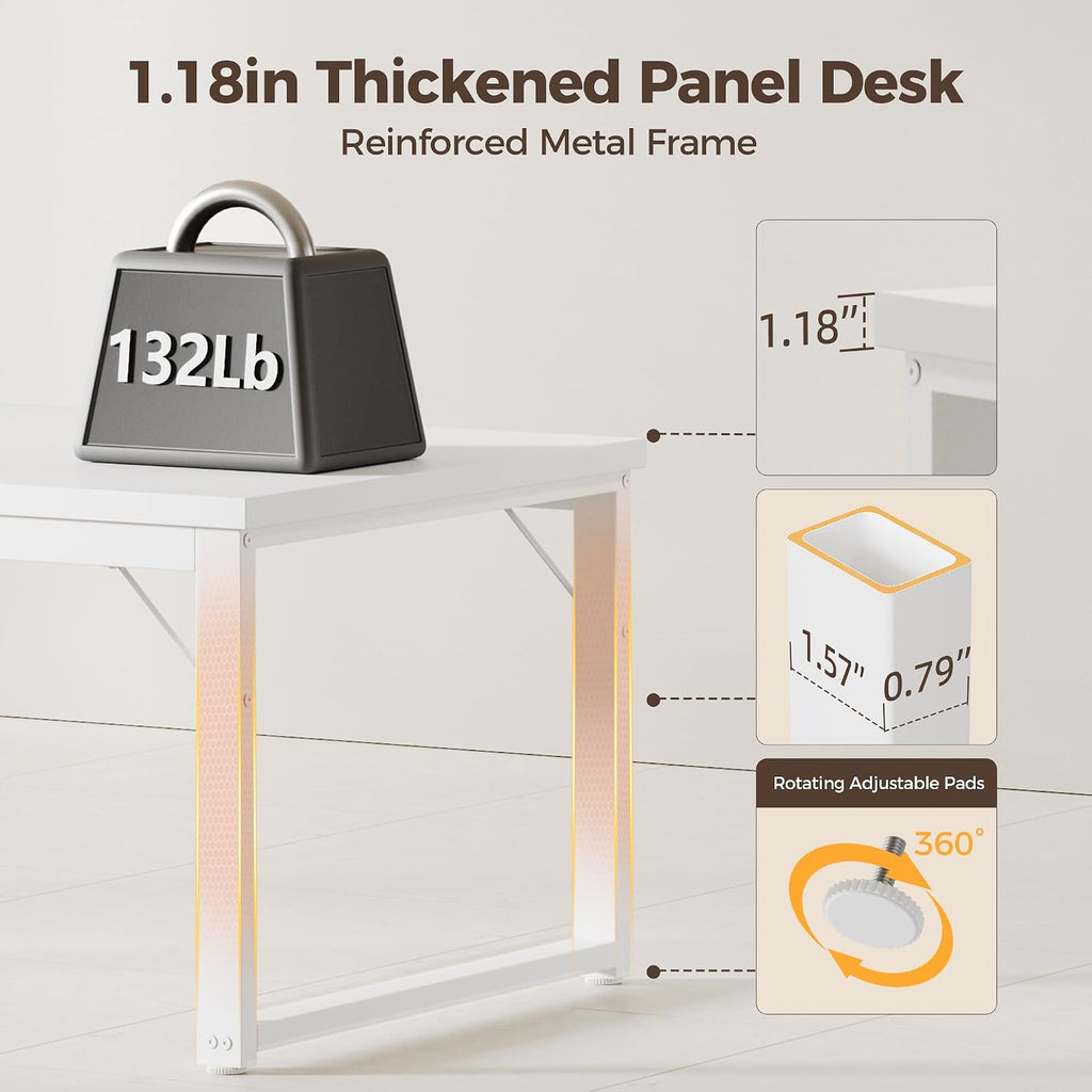 Mericonia 54 Inch Computer Desk with Power Outlets, 1.2' Thick Heavy Duty Industrial Office Desk, Modern Simple Study Writing Table for Home Office Bedroom Workstation, White