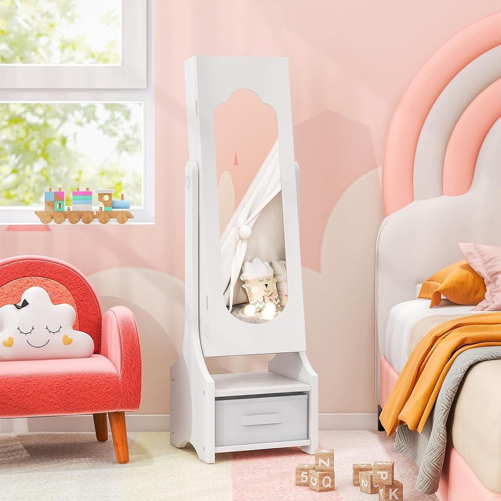 Costzon Kids Vanity & Jewelry Armoire Cabinet, Kids Vanity Table and Chair Set, Makeup Dressing Table, Standing Jewelry Organizer with Full-Length Mirror, Kids Bedroom Furniture Set for Girls (White)