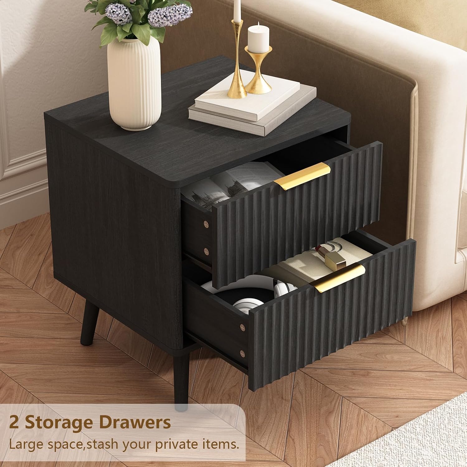CARPETNAL Fluted Dresser and Nightstand Sets for Bedroom, 3 Pcs Bedroom Set, 7-Drawer Dresser & 2-Drawer Nightstand Set of 2, Modern Wood Chest of Drawers for Living Room, Entryway, Black