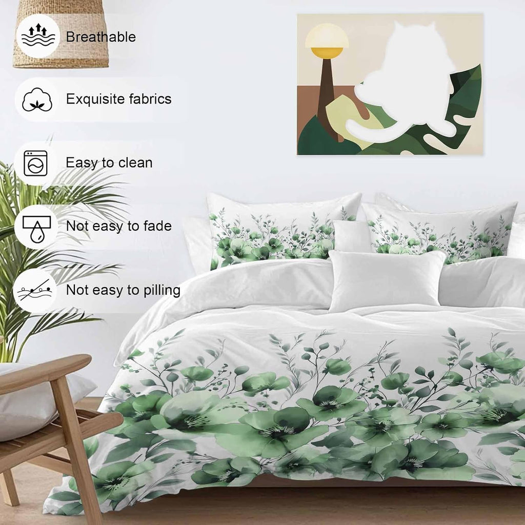 Prime Leader Spring Floral Duvet Cover Set Queen Size 4 Pieces Watercolor Green Flower Plants Country Bedding Set with Zipper Closure, 1 Comforter Cover 90x92 Inches 1 Flat Sheet & 2 Pillow Cases