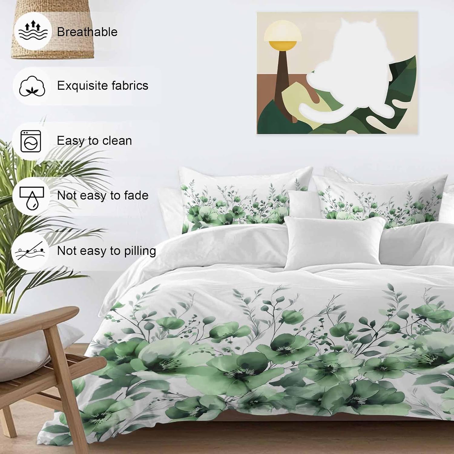 Prime Leader Spring Floral Duvet Cover Set Queen Size 4 Pieces Watercolor Green Flower Plants Country Bedding Set with Zipper Closure, 1 Comforter Cover 90x92 Inches 1 Flat Sheet & 2 Pillow Cases