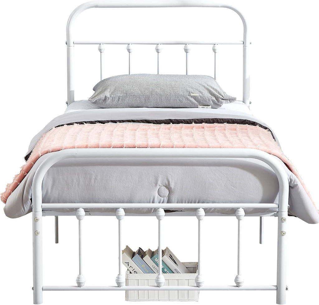 VECELO Twin Size Victorian Style Metal Bed Frame with Headboard Classic Metal Platform Bed Frame Mattress Foundation with Victorian Style Footboard/Under Bed Storage/No Box Spring White 2 Set