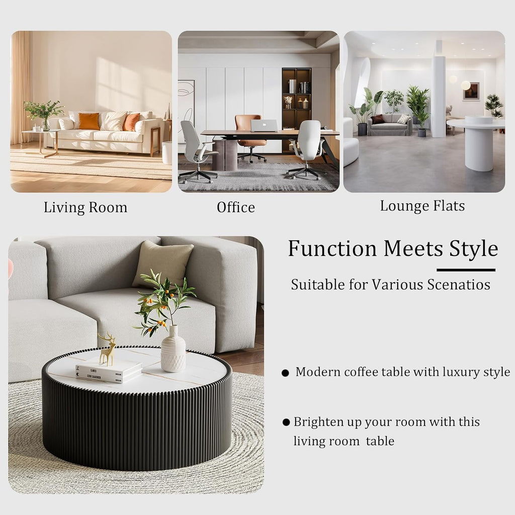 29.52' Black Round Coffee Table, Drum Coffee Table with Sintered Stone Tabletop and Fluted PU Leather Covered and Stable Base, Circle Cocktail Tea Table for Living Room