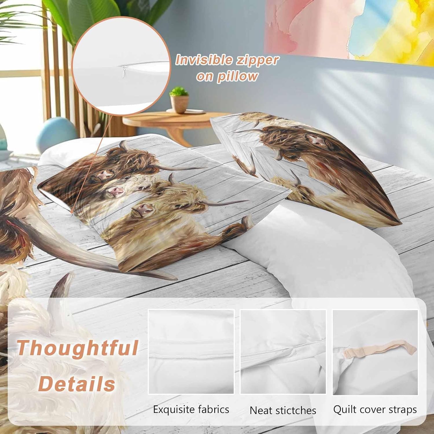 Farm Highland Cattles Duvet Cover Set Queen Size 4 Pieces Farmhouse Brown Cow Country Gray Wood Grain Bedding Set with Zipper Closure, 1 Comforter Cover 92x106 Inches 1 Flat Sheet & 2 Pillow Cases