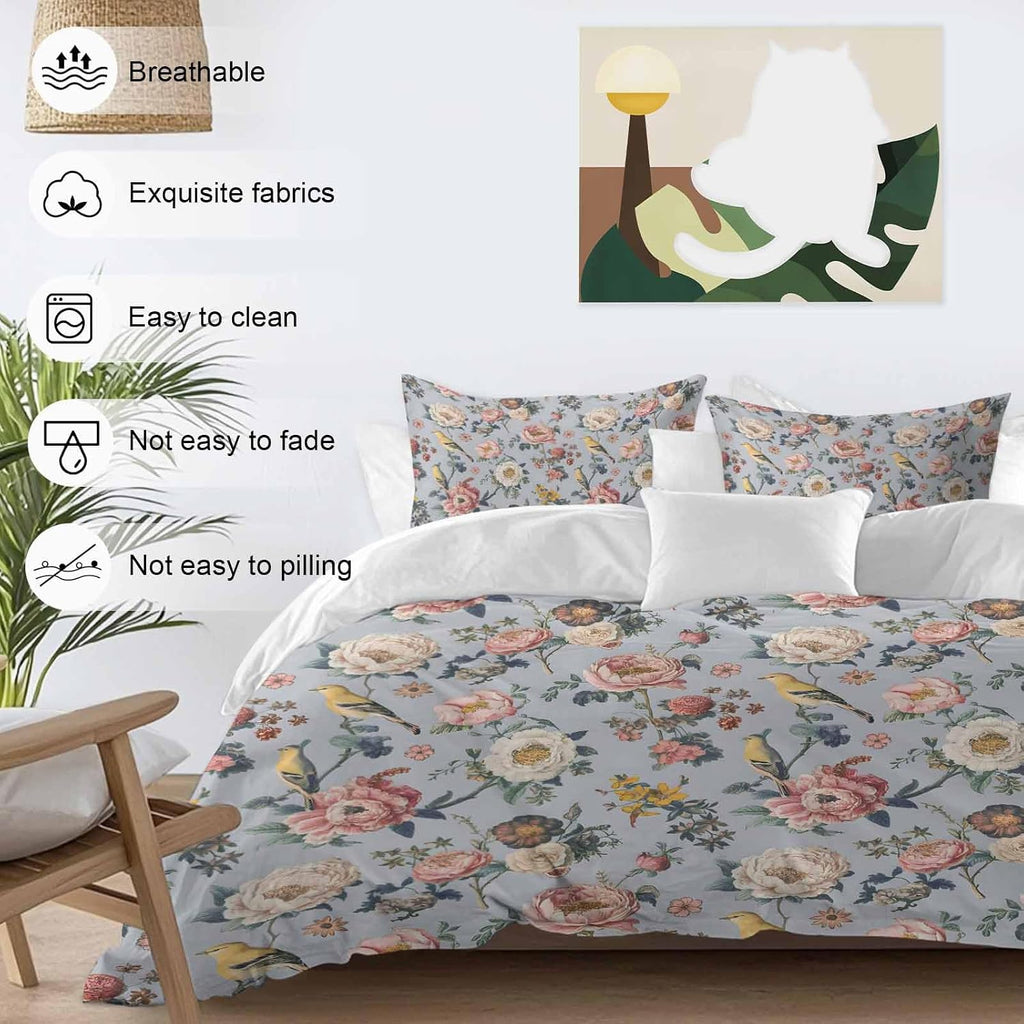 White Pink Flowers Duvet Cover Set Queen Size 4 Pieces Ethnic Retro White Floral Birds Light Purple Bedding Set with Zipper Closure, 1 Comforter Cover 92x106 Inches 1 Flat Sheet & 2 Pillow Cases