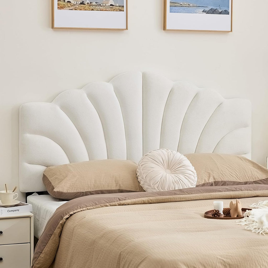 Upholstered Headboard Only Adjustable Bed Headboards Queen/Full Size, Tiara Crown Shape Headboards with Wood Legs, Velvet Petal Head Board Wall Protector for Dorm Bedroom, White