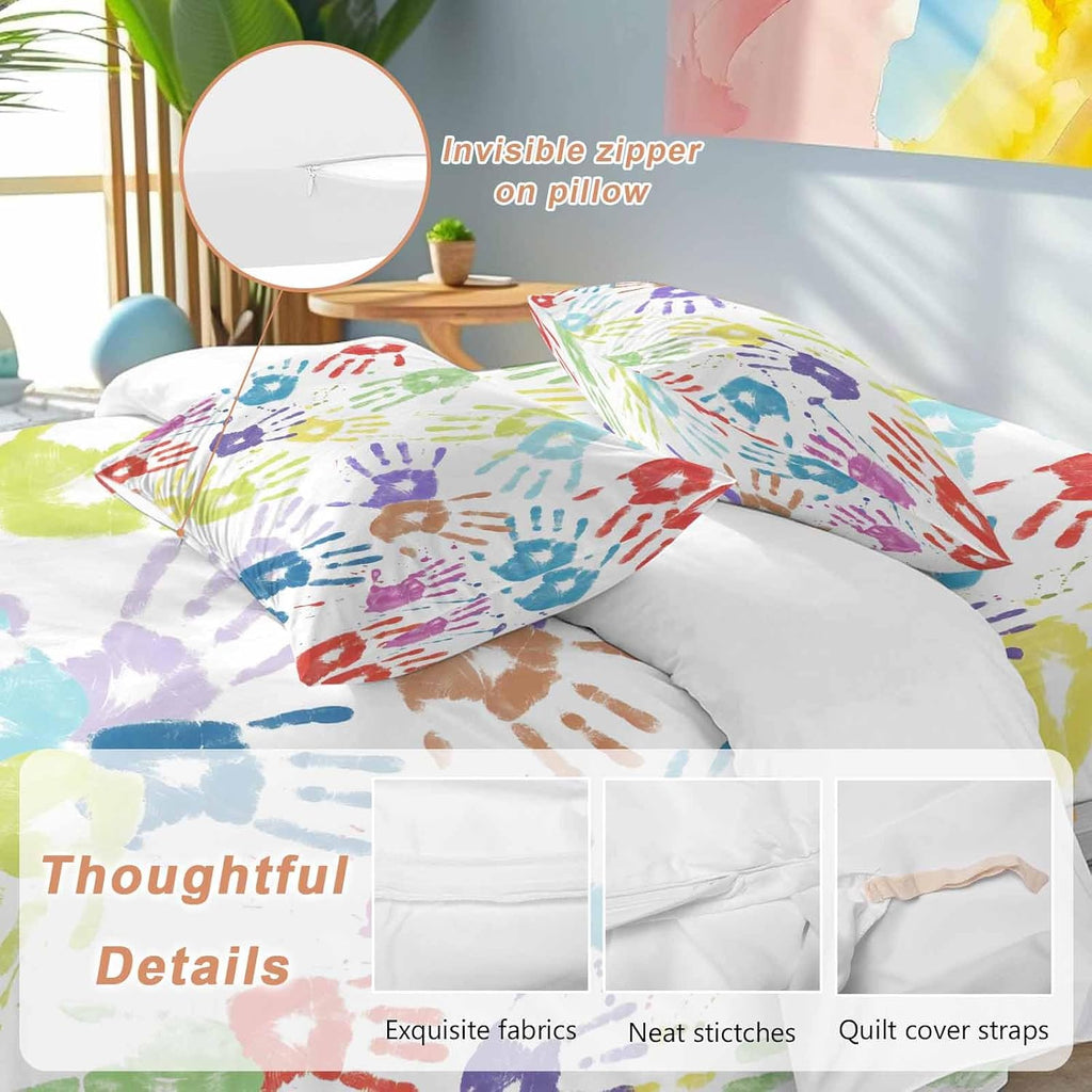 Colorful Cartoon Handprint Duvet Cover Set Queen Size 4 Pieces Cute Watercolor Red Green Blue Graffiti Bedding Set with Zipper Closure, 1 Comforter Cover 90x92 Inches 1 Flat Sheet & 2 Pillow Cases
