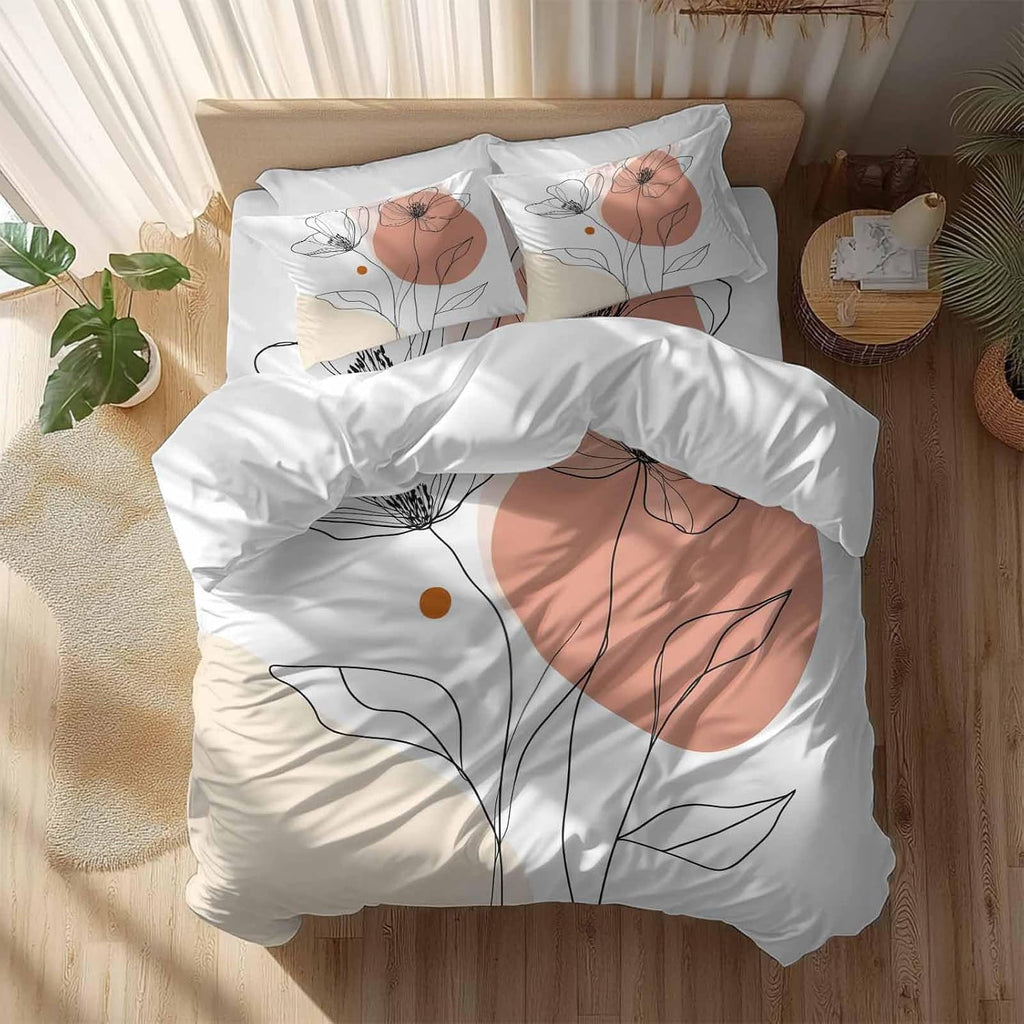 Prime Leader Floral Line Duvet Cover Set Queen Size 4 Pieces Minimalist Flower Modern Bedding Set with Zipper Closure, 1 Comforter Cover 86x86 Inches 1 Flat Sheet & 2 Pillow Cases