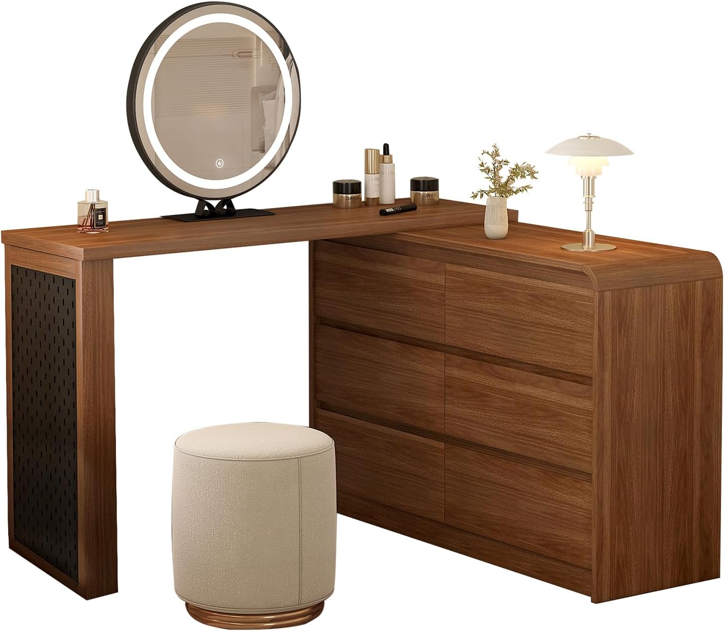 Makeup Vanity Desk with Touch Screen Mirror, 50-90 in Adjustable Sturdy Vanity Table Set with Chair, Bedroom Elegant Dressing Table for Women with 6-Drawer Rounded Corners Storage Cabinet, Brown