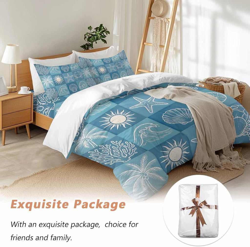 Prime Leader Blue Coastal Duvet Cover Set Queen Size 4 Pieces Summer Ocean Waves Shell Crab Coconut Tree Bedding Set with Zipper Closure, 1 Comforter Cover 92x106 Inches 1 Flat Sheet & 2 Pillow Cases