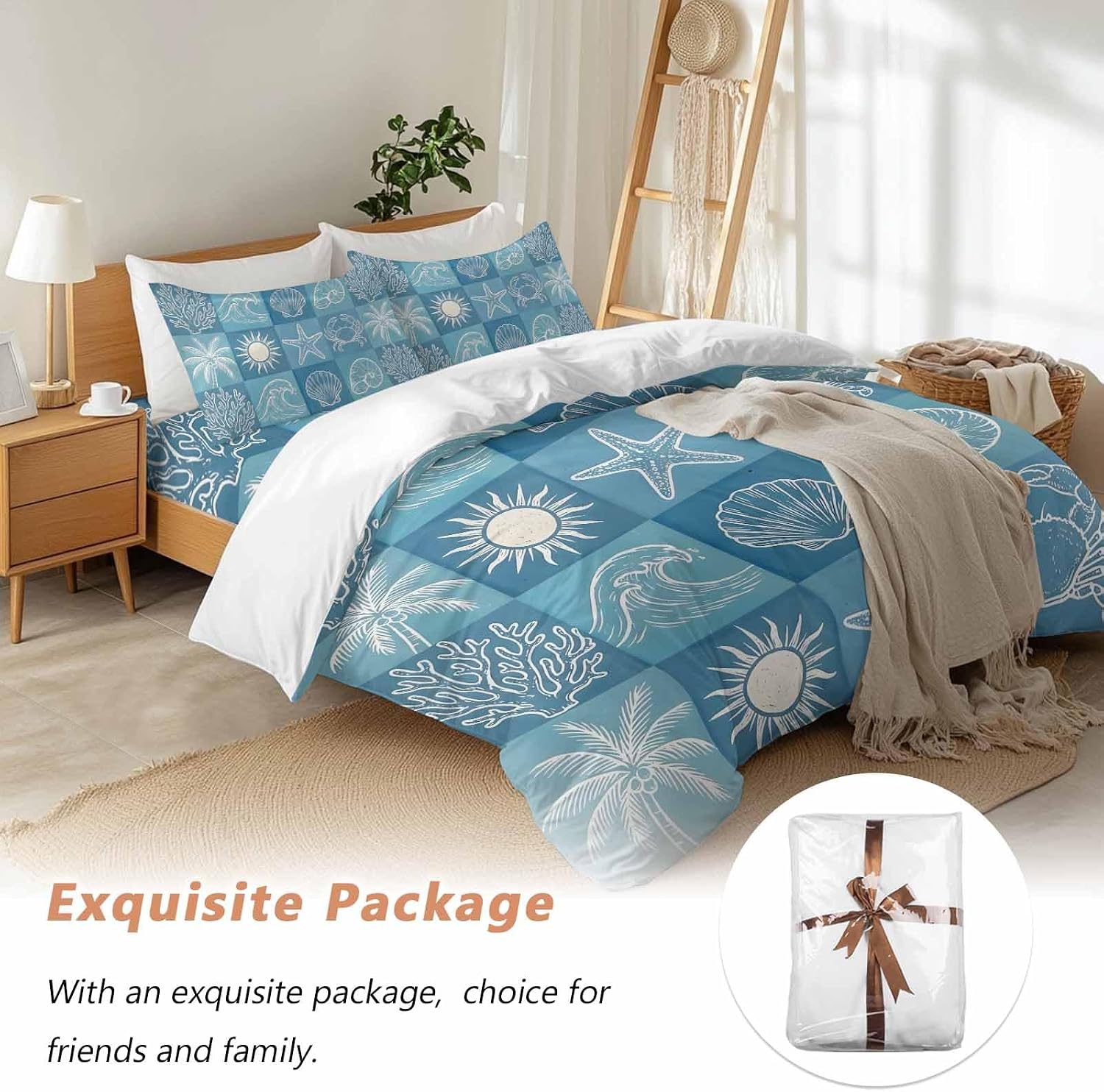 Prime Leader Blue Coastal Duvet Cover Set Queen Size 4 Pieces Summer Ocean Waves Shell Crab Coconut Tree Bedding Set with Zipper Closure, 1 Comforter Cover 92x106 Inches 1 Flat Sheet & 2 Pillow Cases