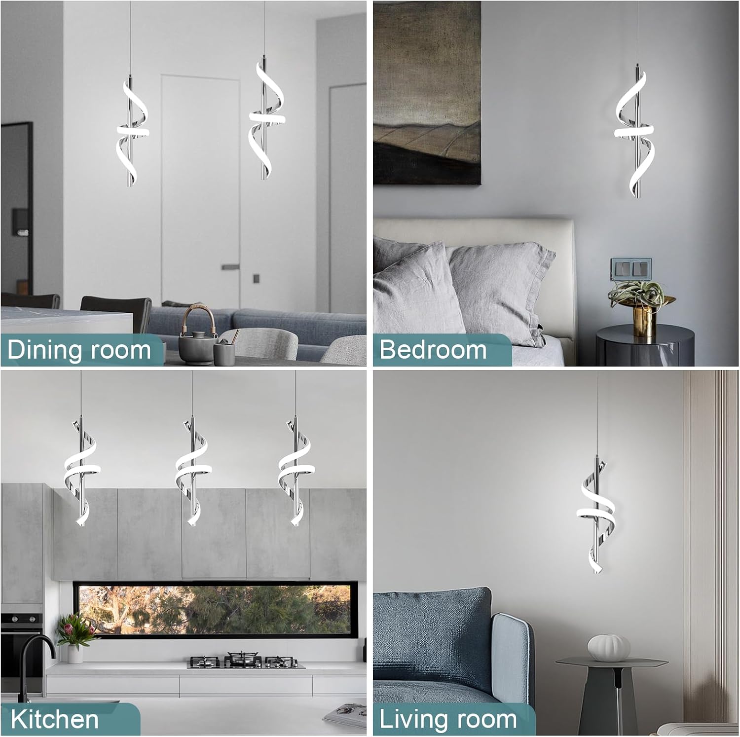 Spiral Led Pendant Light Fixtures, 5500K Cold White Modern Led Pendant Lamp Kitchen Island, Adjustable Height Kitchen Island Lights Fixtures for Dining Room Kitchen Bedroom Cafe, 3 Packs