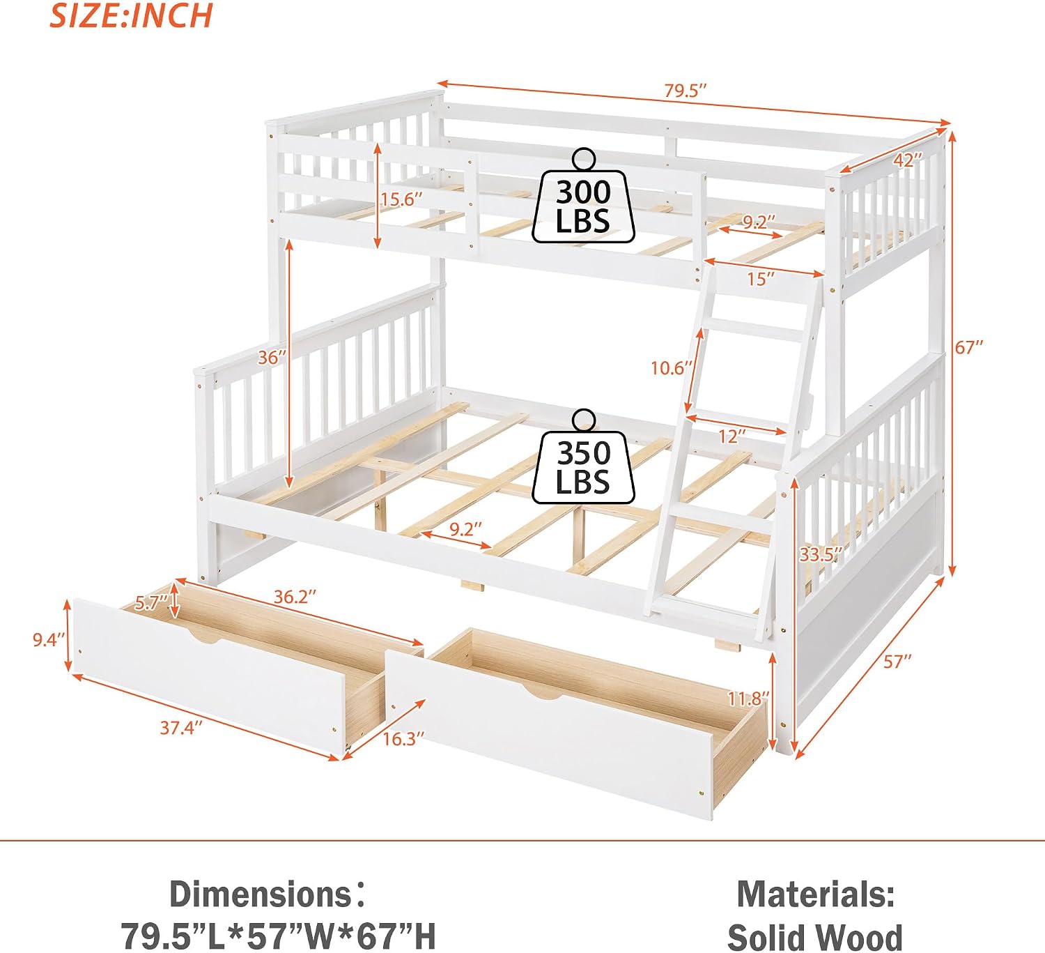 Merax Wood Bunk Bed with Drawers,Convertible Wood Bunk Bed with Ladders and Two Storage Drawers,Solid Wood Detachable Bed Frame with Ladders,Twin Over Full Size,White