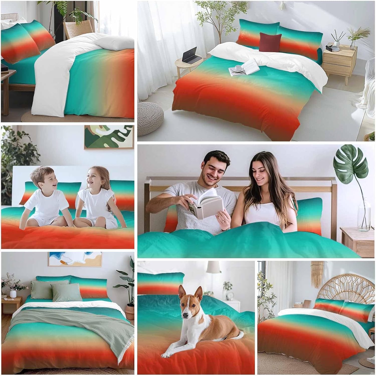 Bohemian Gradient Red Duvet Cover Set Queen Size 4 Pieces Modern Minimalist Green Brown Ocean Beach Bedding Set with Zipper Closure, 1 Comforter Cover 86x86 Inches 1 Flat Sheet & 2 Pillow Cases
