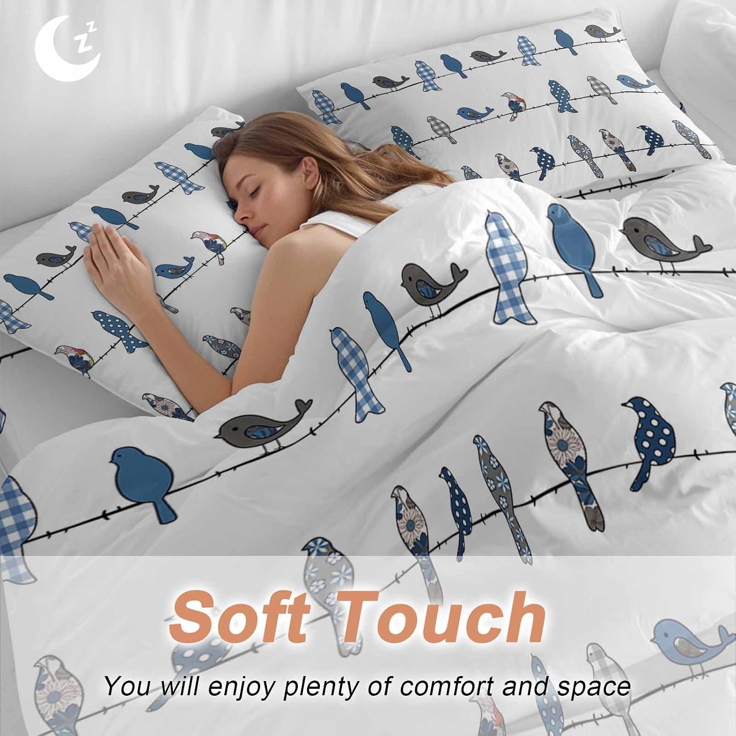 Prime Leader Birds on the Wire Blue Grey Duvet Cover Set Queen Size 4 Pieces Bedding Set with Zipper Closure, 1 Comforter Cover 92x106 Inches 1 Flat Sheet & 2 Pillow Cases