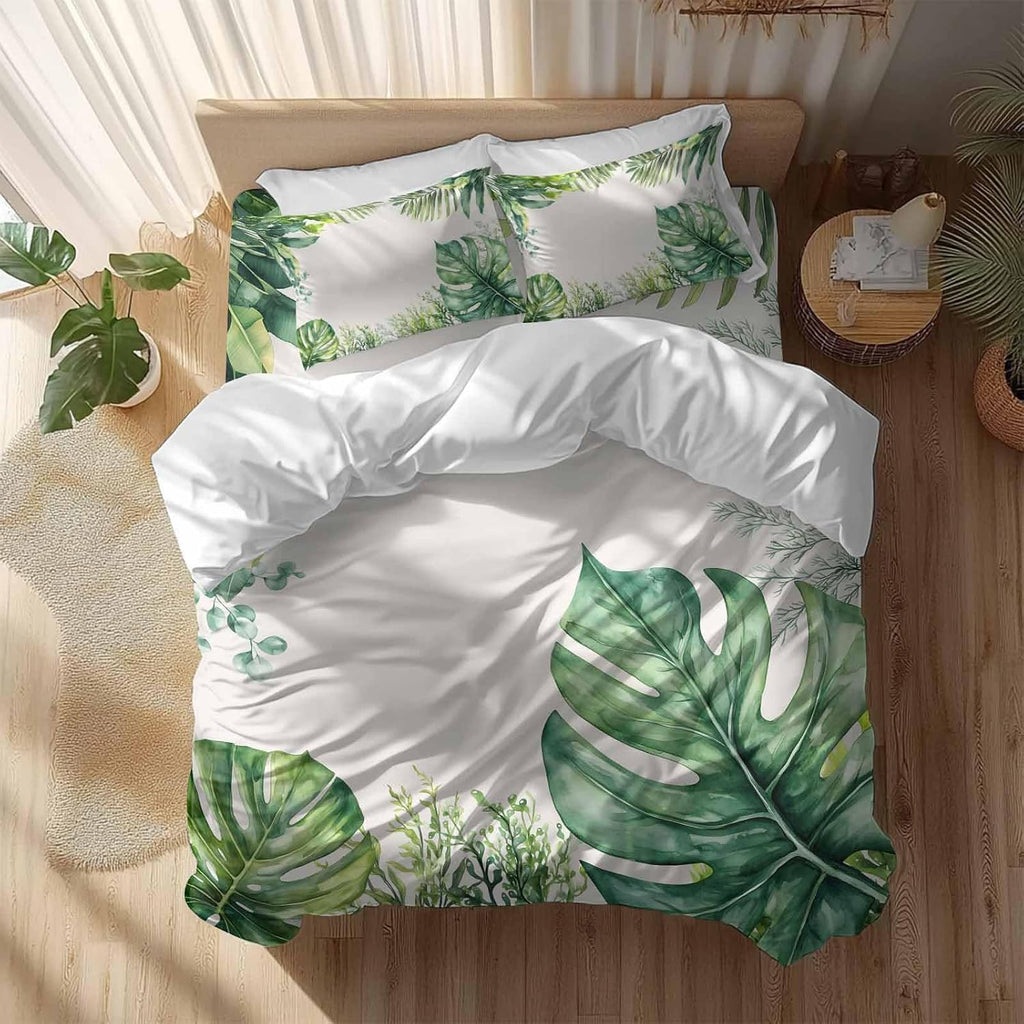 Tropical Leaf Duvet Cover Set Queen Size 4 Pieces Palms Monstera Leaves Green Plant Botanical Bedding Set with Zipper Closure, 1 Comforter Cover 92x106 Inches 1 Flat Sheet & 2 Pillow Cases