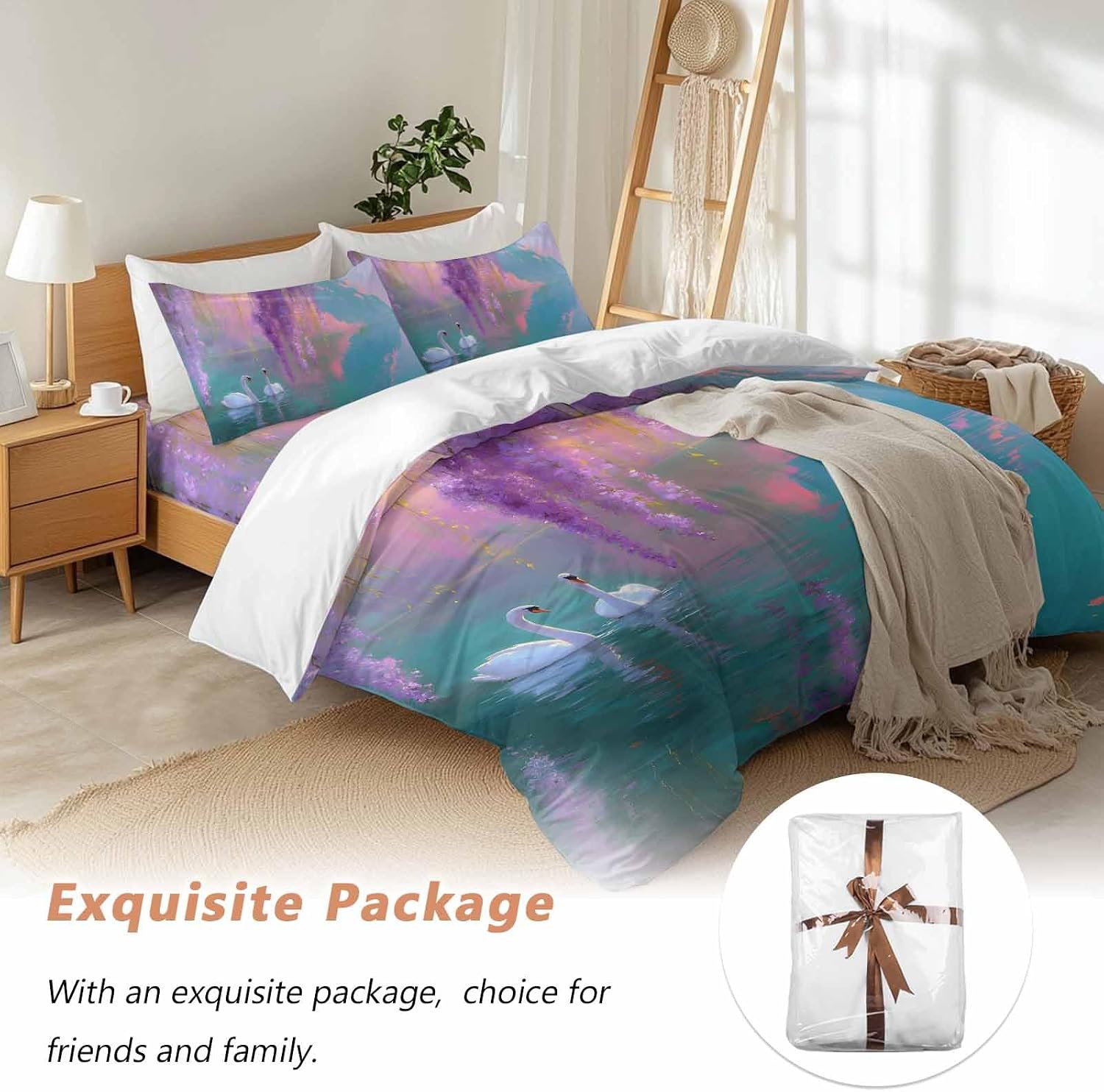 Swan Duvet Cover Set Queen Size 4 Pieces Oil Painting Spring Wisteria Gradient Pink Green Lake Bedding Set with Zipper Closure, 1 Comforter Cover 92x106 Inches 1 Flat Sheet & 2 Pillow Cases