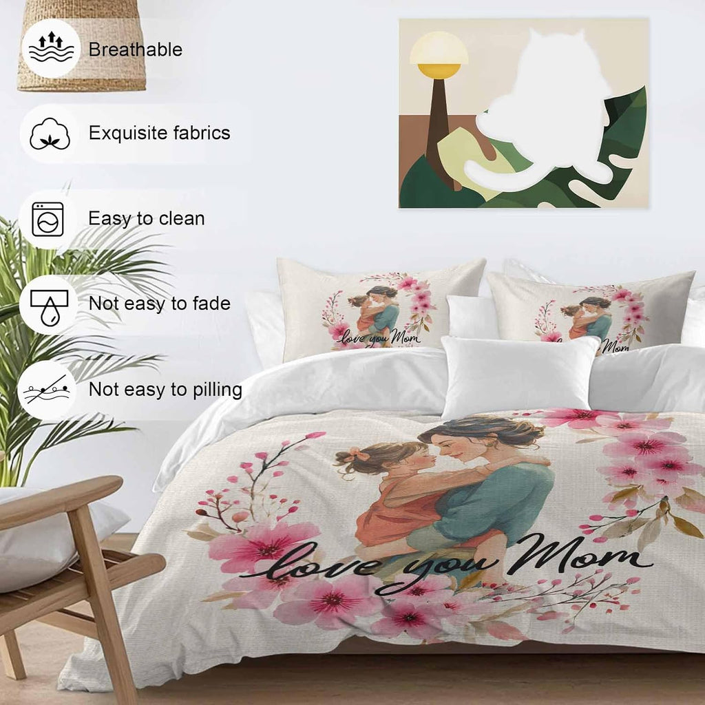Mother's Day Duvet Cover Set Queen Size 4 Pieces Cartoon Characters Pink Flower Vintage Linen Texture Bedding Set with Zipper Closure, 1 Comforter Cover 92x106 Inches 1 Flat Sheet & 2 Pillow Cases