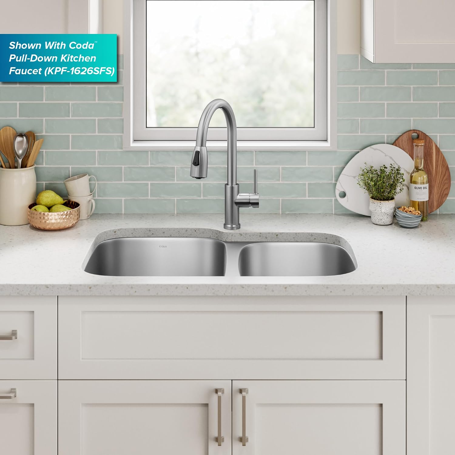 KRAUS Premier 32-inch Undermount 60/40 Double Bowl with Low Divider 18-Gauge Stainless Steel Kitchen Sink with Strainers (x2), KBU24