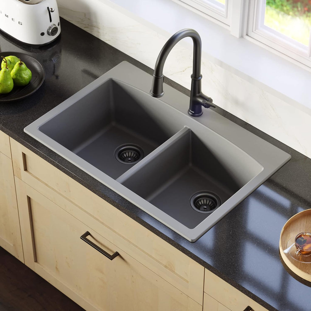 Karran QT-710 33 Inch Top Mount Double Bowl Kitchen Sink, 50/50 Low Divide Quartz Composite Drop-In Sink, Rear Drain, Heat and Scratch Resistant, Grey