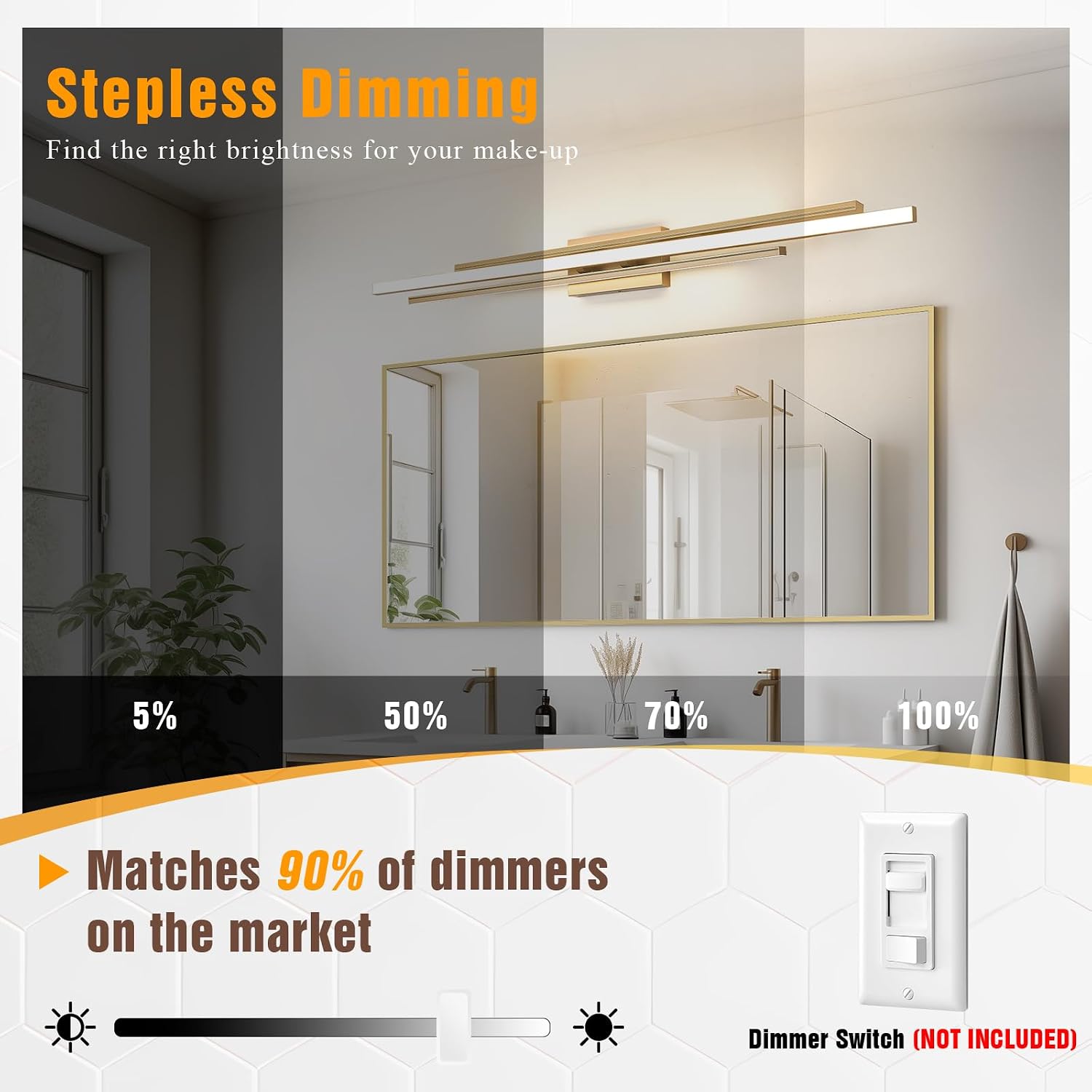 VitaLink 48' Gold LED Bathroom Light Fixtures Long Vanity Lights Over Mirror Lighting Lamps Wall Mount Lighting Over Vanity Picture Indoor 5CCT(3000K/3800K/4500K/5200K/6000K)