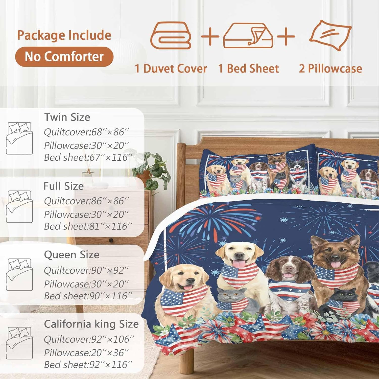 Independence Day Dog Cat Duvet Cover Set Queen 4 Pieces Watercolor Red Blue Stripe Star Flag Firework Blue Bedding Set with Zipper Closure,1 Comforter Cover 92x106 Inch 1 Flat Sheet&2 Pillow Cases