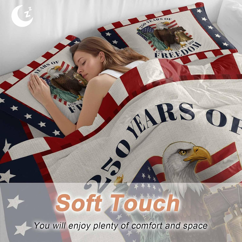 250 Years of Freedom Duvet Cover Set Queen Size 4 Pieces Independence Day Bald Eagle Star Stripe Bedding Set with Zipper Closure, 1 Comforter Cover 90x92 Inches 1 Flat Sheet & 2 Pillow Cases