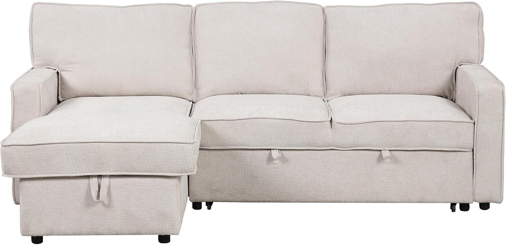 Merax 89' L-Shaped Sleeper Sofa Bed with Pull Out Bed & Reversible Chaise, Sleeper Sofa Couch with Storage Space, USB Port, and 2 Cup Holders on Back Cushions for Living Room Furniture Set, Beige