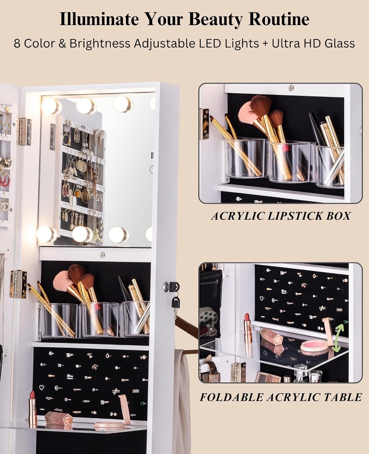 BTEXPERT 360 Swivel Jewelry Cabinet Armoire, Standing with Lights, Lockable Jewelry Organizer, 63' Rotating Full Length Frameless Mirror with Storage, 4 Wheels, White Lock Key