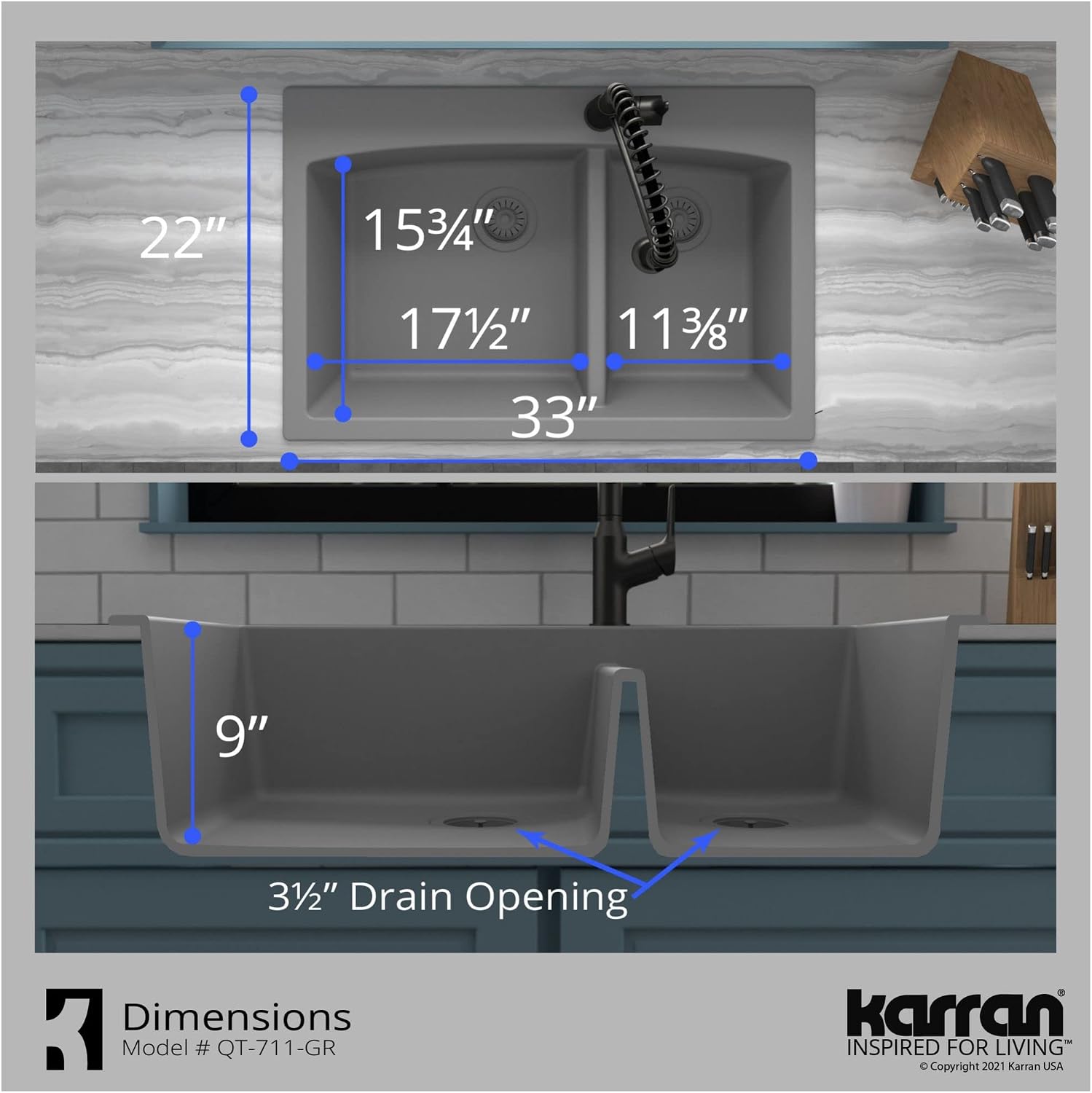 Karran 33-Inch Quartz Composite Drop-In 60/40 Low-Divide Double Bowl Kitchen Sink, Top-Mount, White, Heat & Scratch Resistant, Pre-Drilled Faucet Hole