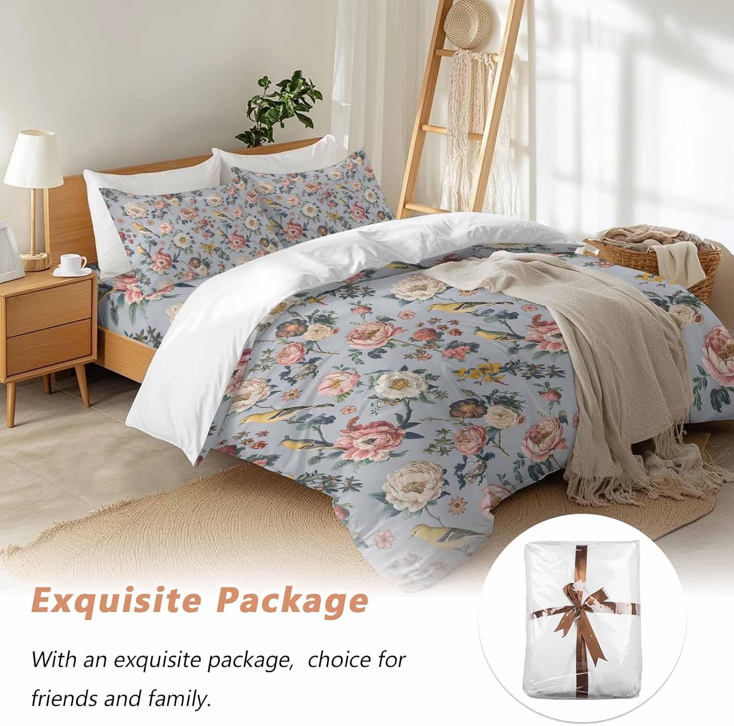 White Pink Flowers Duvet Cover Set Queen Size 4 Pieces Ethnic Retro White Floral Birds Light Purple Bedding Set with Zipper Closure, 1 Comforter Cover 92x106 Inches 1 Flat Sheet & 2 Pillow Cases