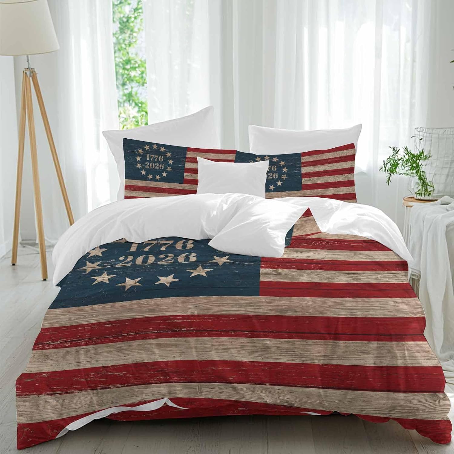 Independence Day Duvet Cover Set Queen Size 4 Pieces Retro American Flag Patriotic Red Blue Stripe Star Bedding Set with Zipper Closure, 1 Comforter Cover 92x106 Inches 1 Flat Sheet & 2 Pillow Cases