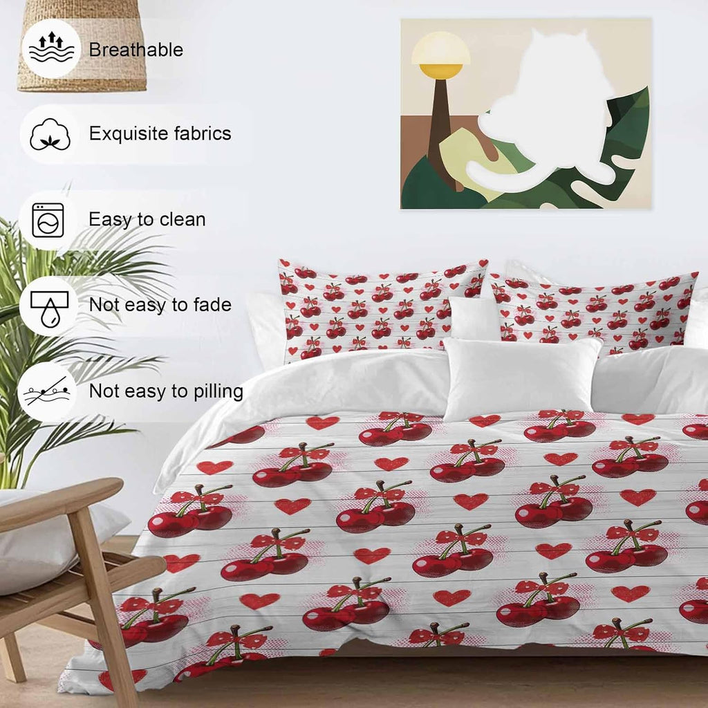 Prime Leader Cherry Duvet Cover Set Queen Size 4 Pieces Watercolor Red Fruit Love Wave Point Wood Grain Bedding Set with Zipper Closure, 1 Comforter Cover 92x106 Inches 1 Flat Sheet & 2 Pillow Cases