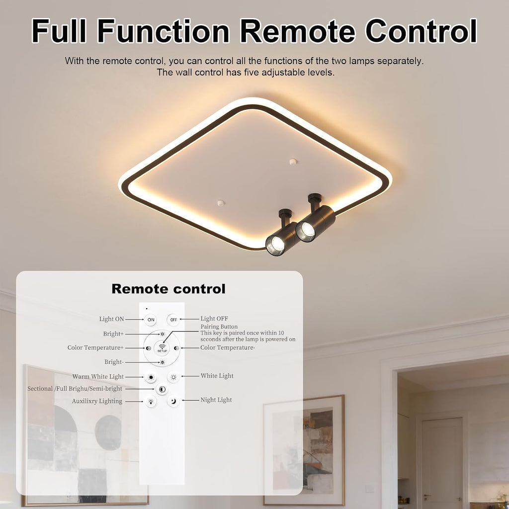 Shine LUEST Modern Square LED Flush Mount Ceiling Light Fixture, 2 Adjustable Spotlights, Black Frame White Shade Minimalist Lighting for Living Room Bedroom Kitchen