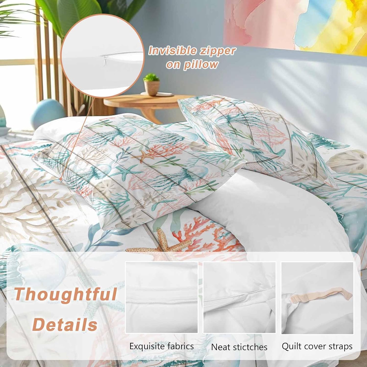 Prime Leader Teal Jellyfish Starfish Duvet Cover Set Queen Size 4 Pieces Summer Beach Coral Shell Board Bedding Set with Zipper Closure, 1 Comforter Cover 90x92 Inches 1 Flat Sheet & 2 Pillow Cases