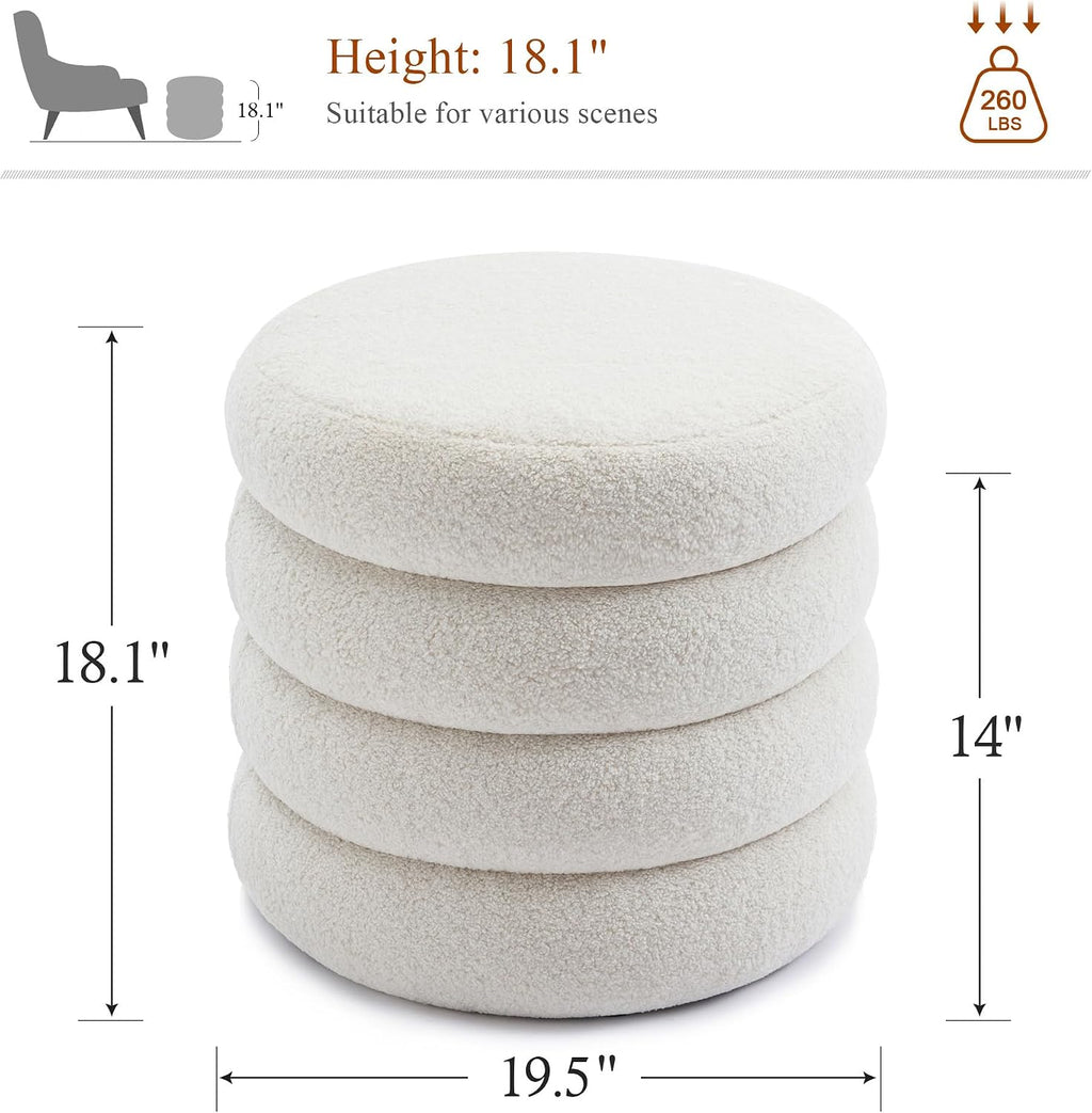 19.5 Inch Round Storage Ottoman, Modern Sherpa Ottoman Coffee Table with Removable Top, White Vanity Stool with Storage for Bedroom, Living Room, Dorm, Set of 2