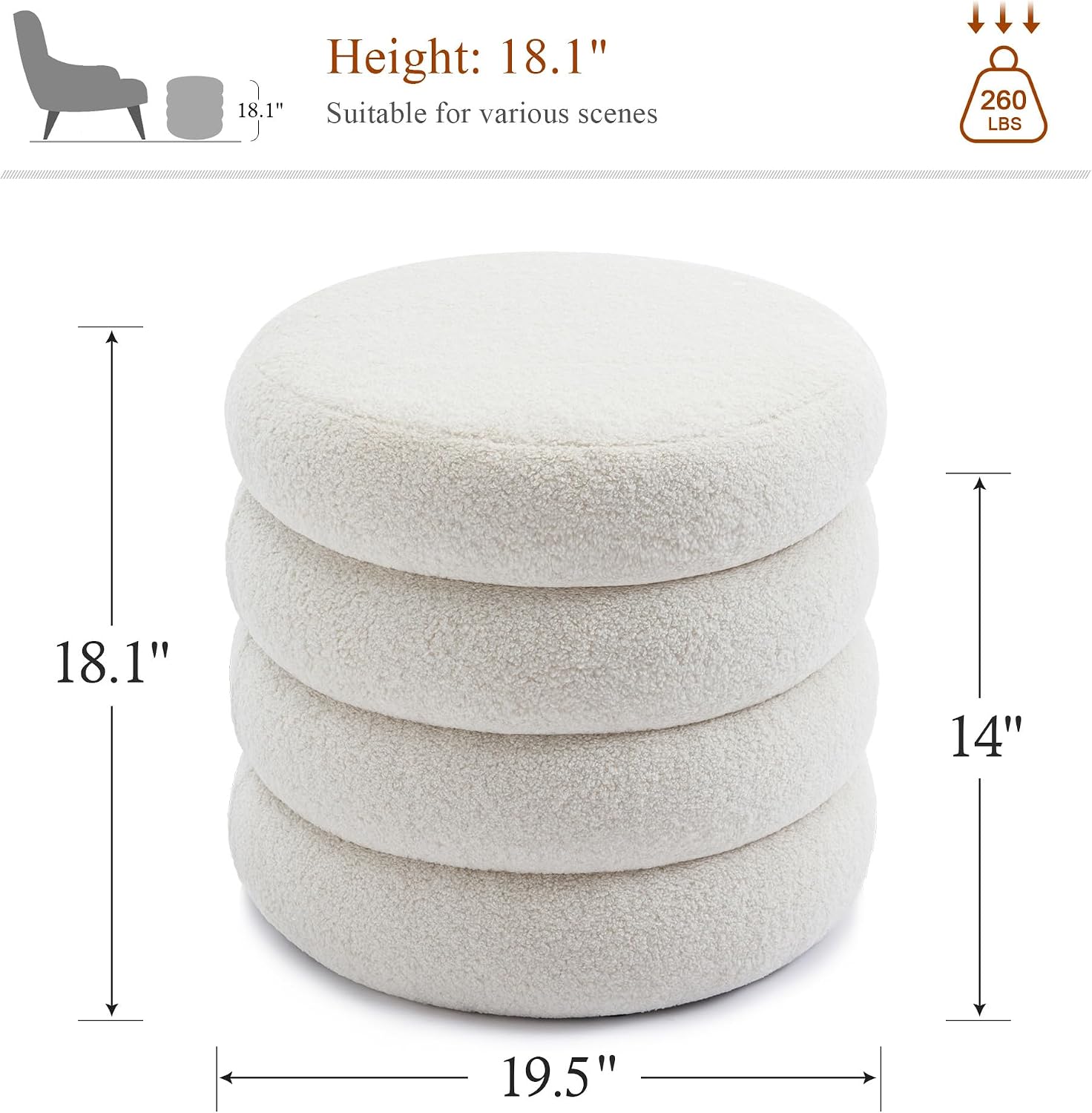 19.5 Inch Round Storage Ottoman, Modern Sherpa Ottoman Coffee Table with Removable Top, White Vanity Stool with Storage for Bedroom, Living Room, Dorm, Set of 1