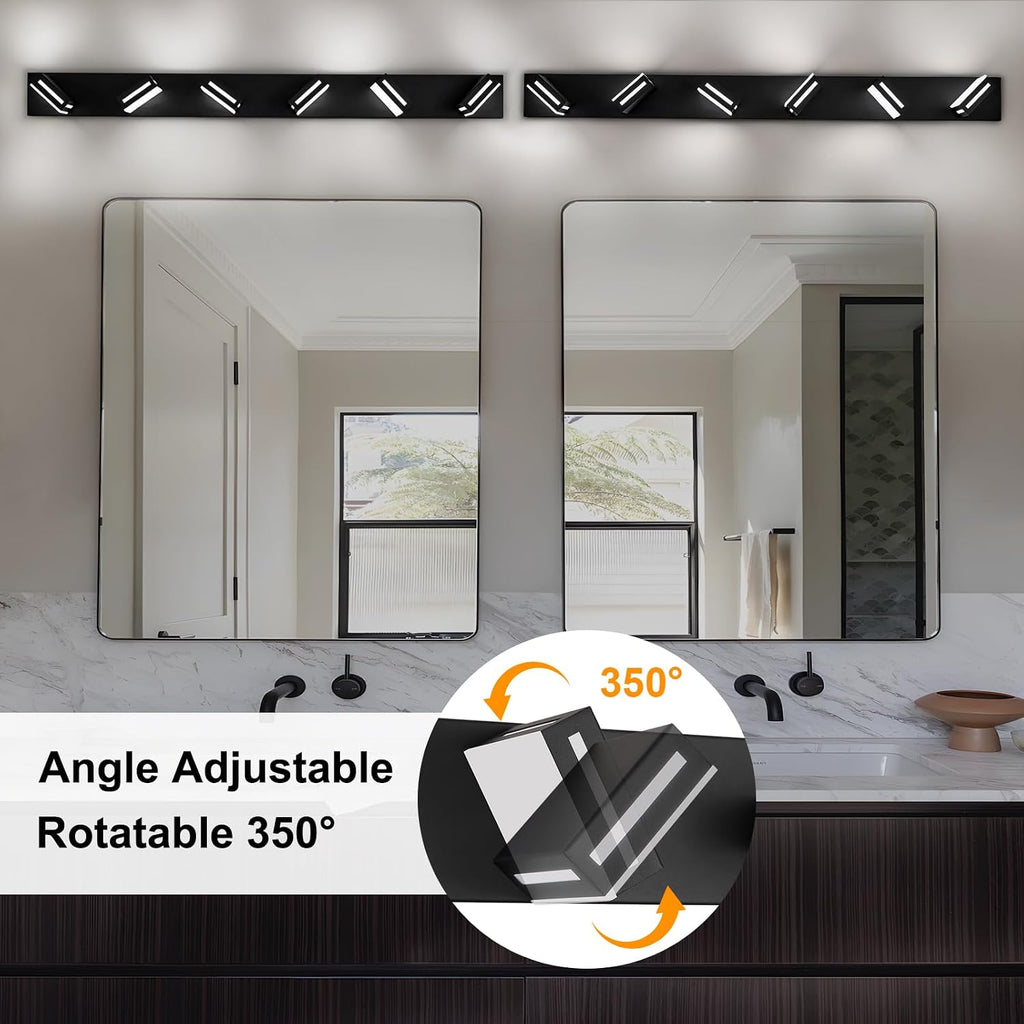 LED Modern Bathroom Light Fixtures, 6-Light 48-Inch Matte Black Vanity Lights for Bathroom Lighting Fixtures Over Mirror, 6000K Cool White 350° Rotatable Wall Lamp